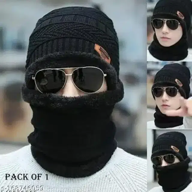 Woolen Beanie Cap with Neck Scarf for Men & Women (Black, Set of 1)