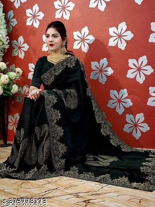 Vichitra Silk Embellished Saree For Women, Black