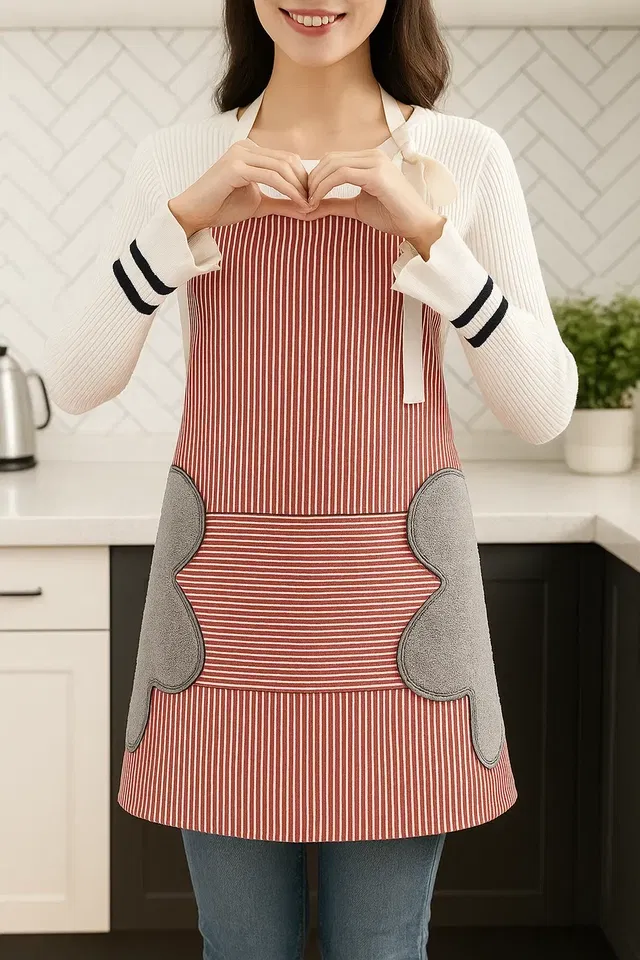 Krishna E PVC Waterproof Red Stripe Kitchen Apron 27Lx21W in (Pack of 1)