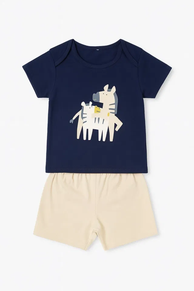Cotton Printed Clothing Set for Boys (Blue & Cream, 12-18 Months)