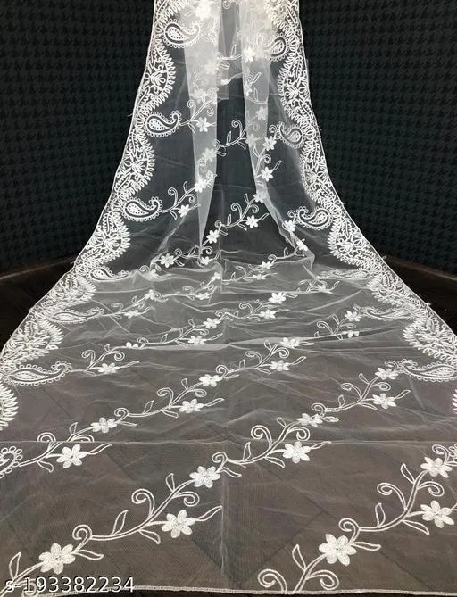 Botanical Embroidered Net Dupatta for Women (White, Free Size)