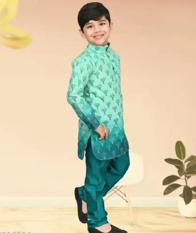 Printed Dupion Silk Kurta and Pajama Set for Boys (Green, 9-10 years)