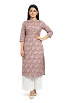 Cotton Blend Printed Kurti for Women, Brown 