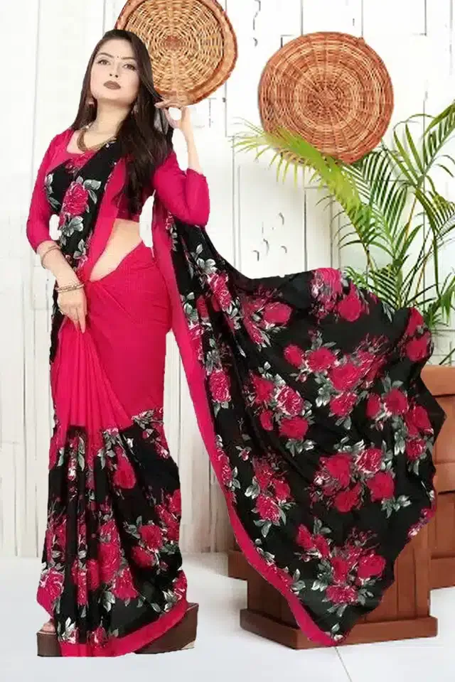 Georgette Saree with Unstitched Blouse Piece for Women (Pink, 6 m)