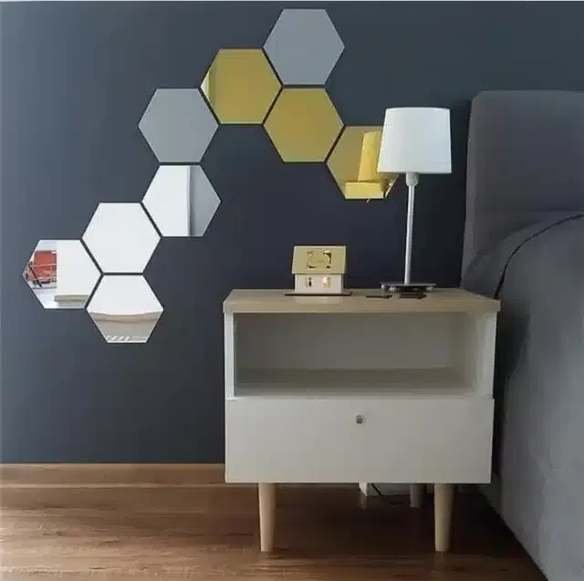 Acrylic Hexagon Shaped Wall Mirror Stickers (Silver, Pack of 9)