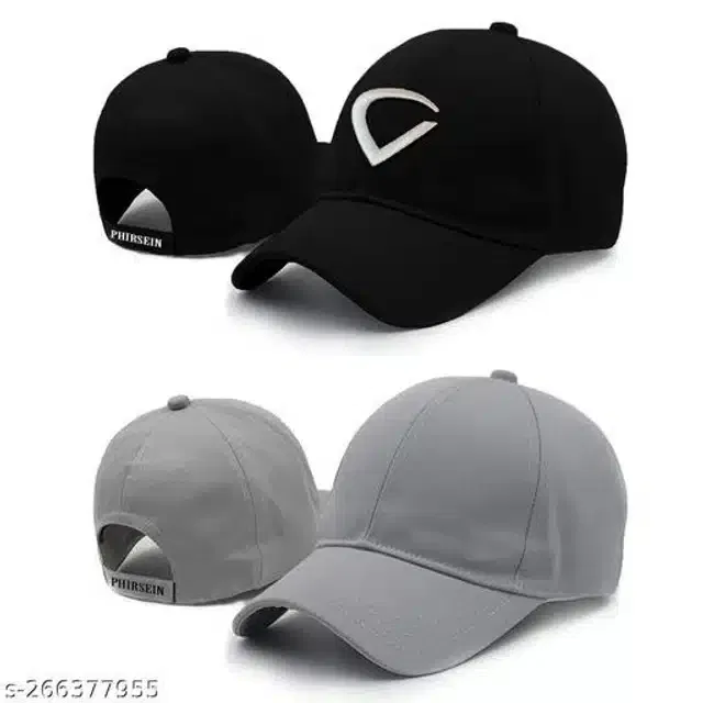 Cotton Cap for Men & Women (Black & Grey, Pack of 2)