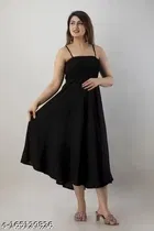 Fit and Flare Full Length Dress for Women, Black 