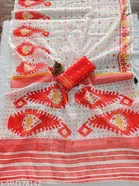 Cotton Lien Printed Saree for Women, White 