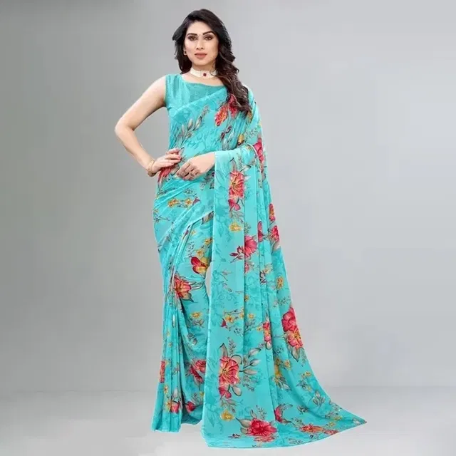 Georgette Floral Print Saree for Women (Blue)