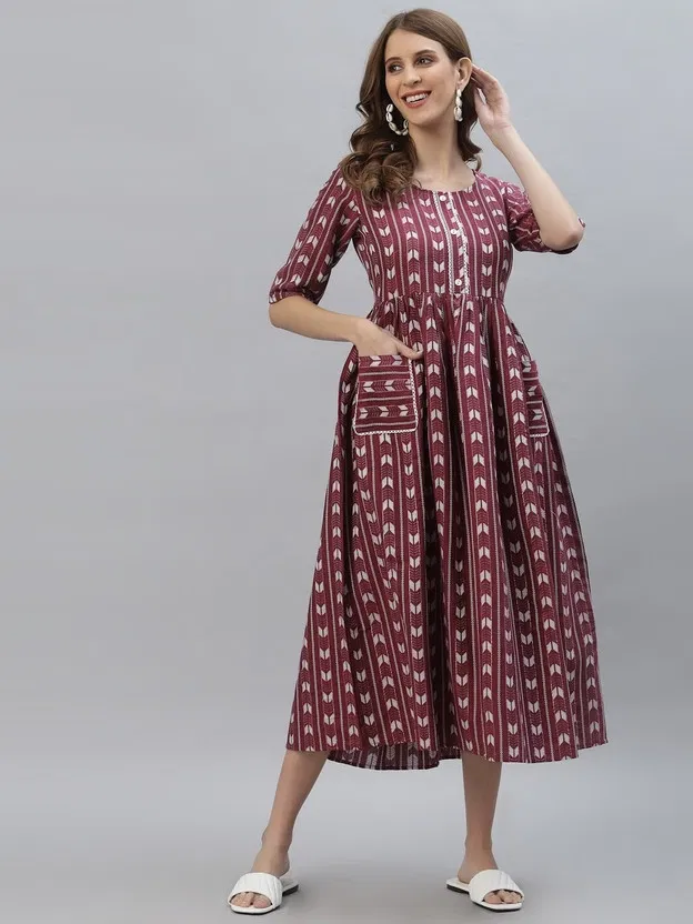 Cotton Printed Anarkali Kurti for Women (Maroon, M)
