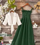 Poly Crepe Dress for Women (Green & White, M)