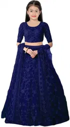 Net Embroidered Semi Stitched Lehenga for Girls 