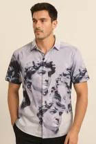 Half Sleeve Printed Shirt for Men (Light Blue, S)