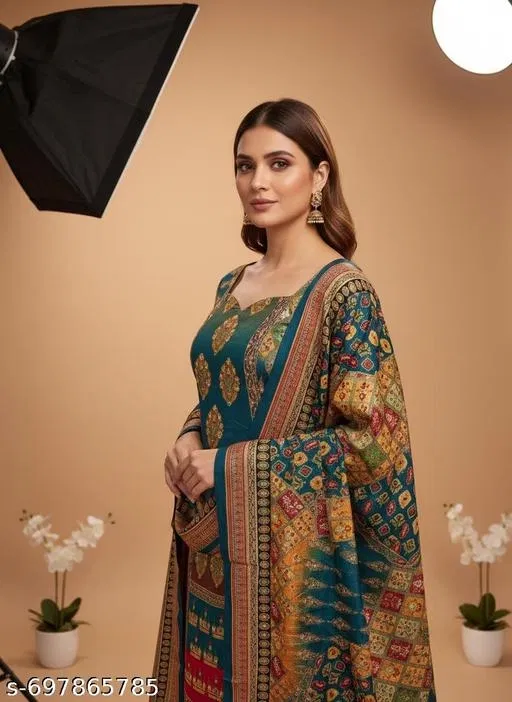 Bandhani Printed Jaipuri Designs Embroidered Top Bottom Duppata for Women (Blue, Un Stitched)