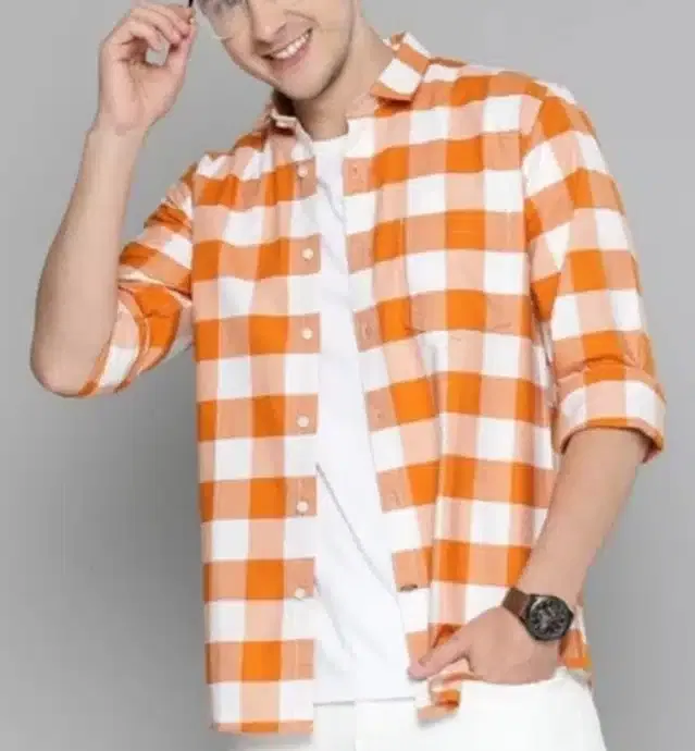 Full Sleeves Checkered Shirt for Men (Orange, L)