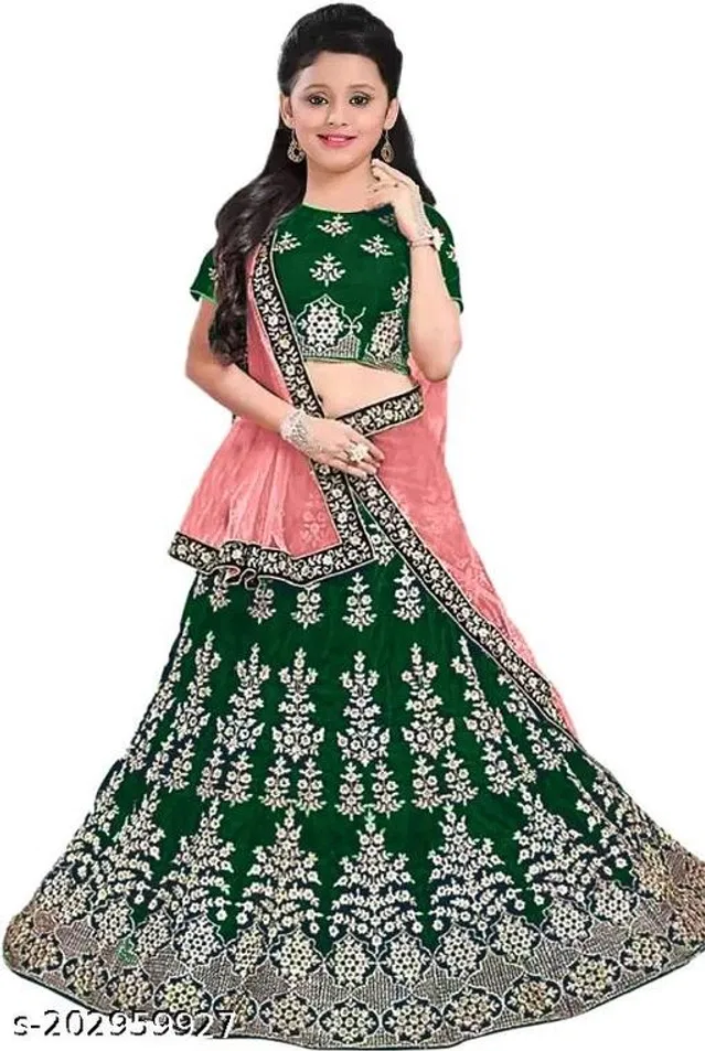 Satin Embroidered Lehenga with Choli & Dupatta for Girls (Green & Pink, 7-8 Years)