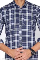 Cotton Blend Checked Shirt for Men, Blue 