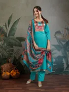 Cotton Blend Printed Kurti With Pant & Dupatta for Women, Sky Blue 