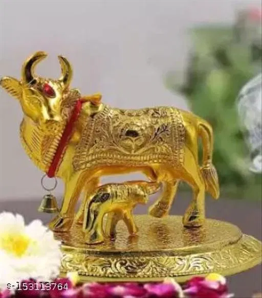 Kamdhenu Cow With Calf Statue (Metal, Yellow)