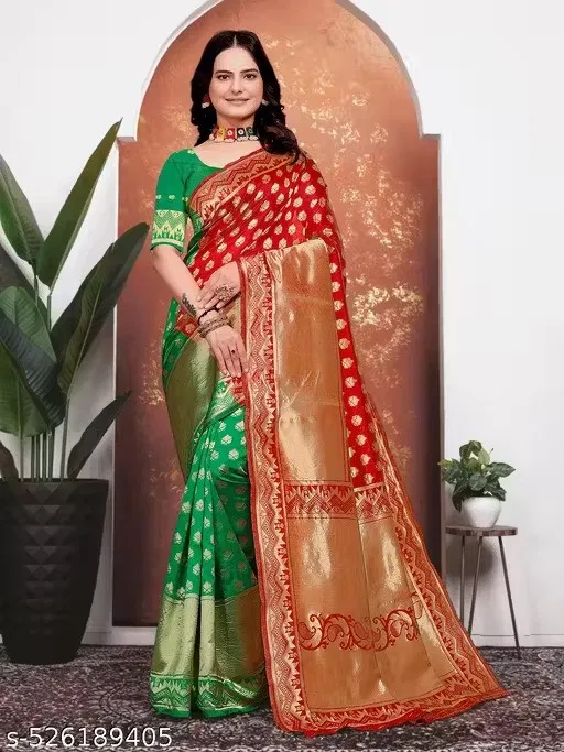 Banarasi Silk Jacquard Embroidery Saree for Women (Green)