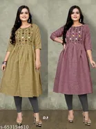 Solid Embroidered Cotton Kurti for Women, Pack of 2 