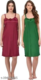 Satin Solid Nightdress for Women, Green & Dark Pink, Pack of 2 