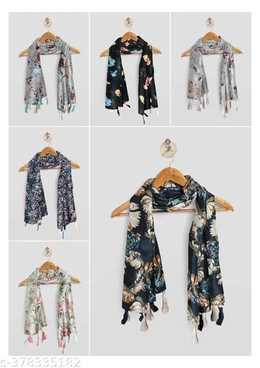 Poly Chiffon Printed Scarves for Women, Black, Pack of 6