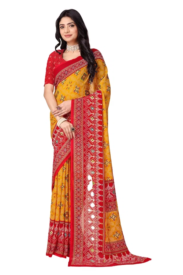 Georgette Printed Saree for Women (Yellow, 6.3 m)