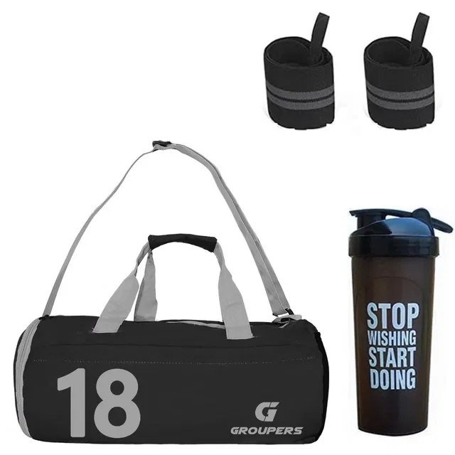 Polyester Printed Gym Bag with 2 Pcs Wristband & Shaker Bottle (700 ml) for Men & Women (Black, Set of 1)