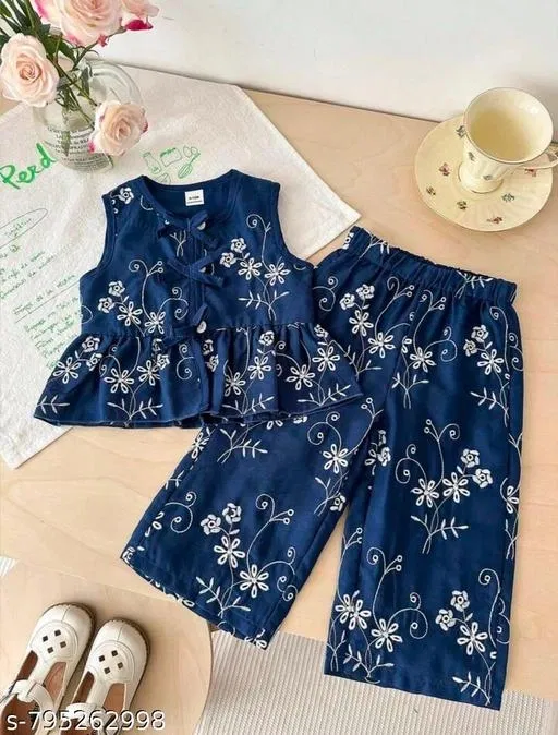 Floral Rayon Co-Ord Set for Girls (Navy Blue, 12-18 Months)