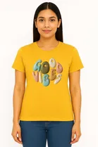 Cotton Blend Printed T-shirt for Women, Mustard 