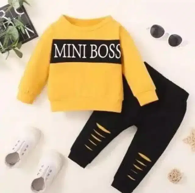 Full Sleeves Printed Top & Bottom Set for Kids (Yellow & Black, 1-2 Years)