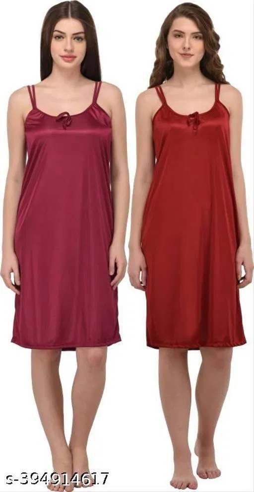 Satin Solid Nightdress for Women, Maroon & Dark Pink, Pack of 2 (L)