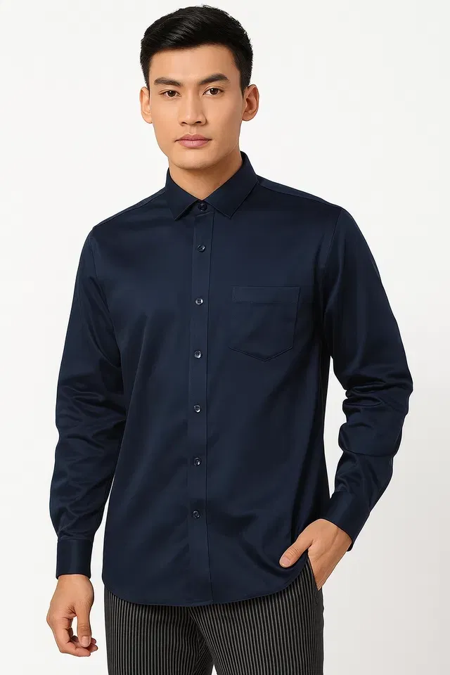 Cotton Blend Full Sleeves Solid Shirt for Men (Blue, L)