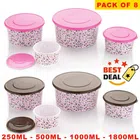 Plastic Unbreakable Airtight Round Shape Printed Kitchen Storage Container (Pink & Brown, Set of 8)