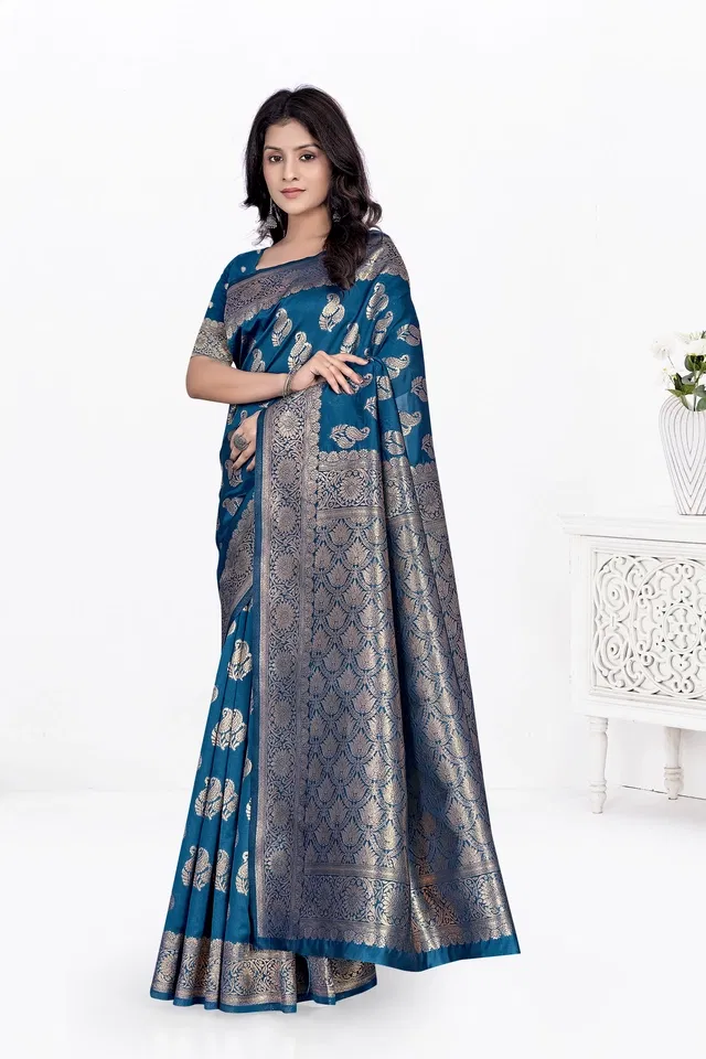 Jacquard Woven Design Saree for Women, Teal (6.3 m)