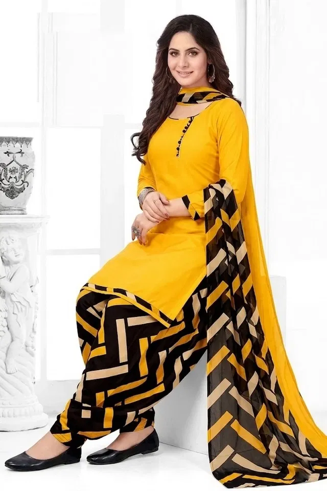 Punjabi Floral Unstitched Suit for Women (Yellow, Free size)