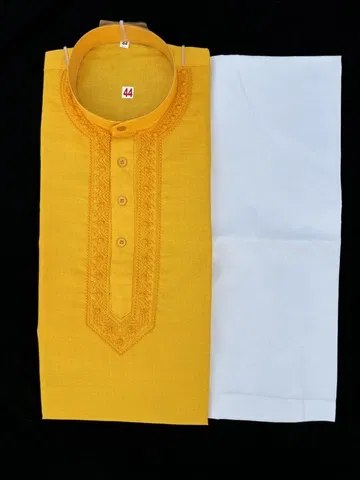 Cotton Full Sleeves Embroidered Kurta Set for Men (Yellow & White, L)