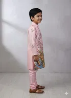 Silk Blend Printed Kurta & Payjama Set For Boys, Pink 