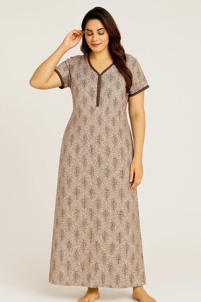 Sarina Printed Nightdress for Women (Beige, M)
