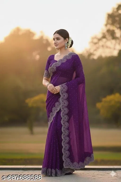 Poly Georgette Solid Saree For Women, Blue