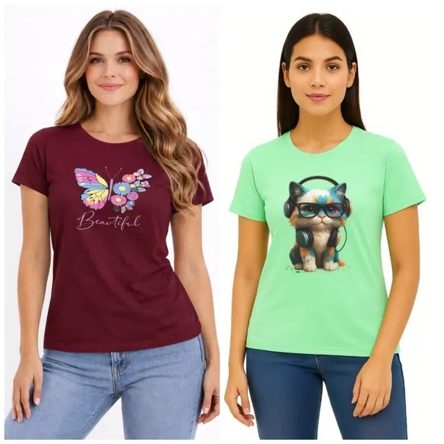 Cotton Blend T-shirt for Women, Green & Maroon, Pack of 2 (XL)