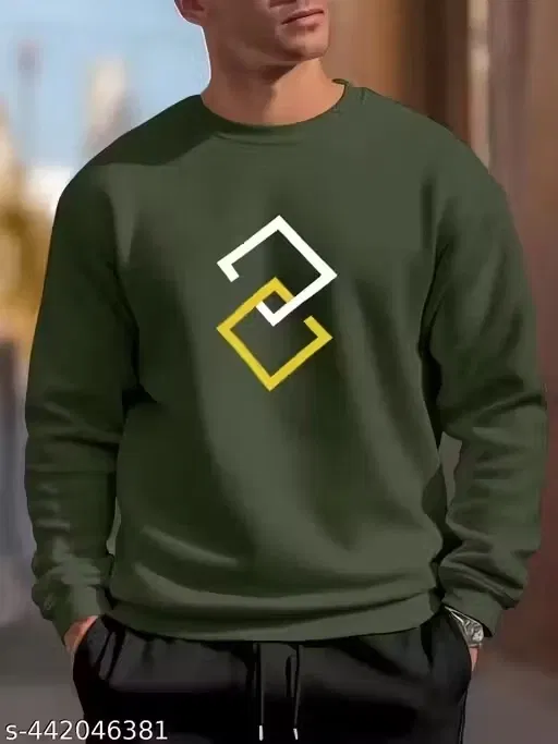 Square Printed Fleece Sweatshirt for Men (Olive, M)
