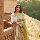 Cotton Silk Embellished Unstitched Suits Fabric for Women, White & Green
