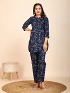 Cotton Blend Printed Kurti With Pant & Dupatta for Women, Navy Blue 