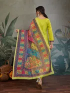 Cotton Blend Printed Kurti With Pant & Dupatta for Women, Yellow 