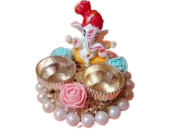 Metal Decorative Ganpati Haldi Kumkum Stand with 2 Roli Chawal Holder, Multicolor