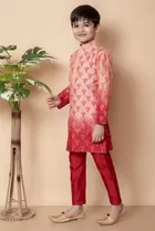 Dupion Silk Printed Kurta with Payjama for Boys, Peach & Red 