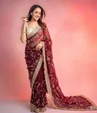 Bollywood Maroon Satin Embroidered Saree for Women
