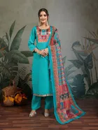 Cotton Blend Printed Kurti With Pant & Dupatta for Women, Sky Blue 